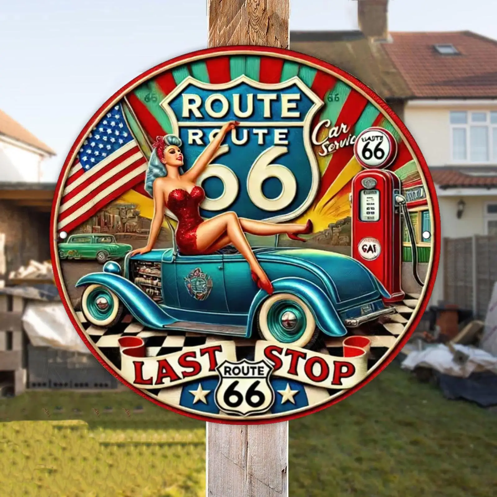2D Flat, Vintage Route 66 Metal Wall Art - Retro Americana
