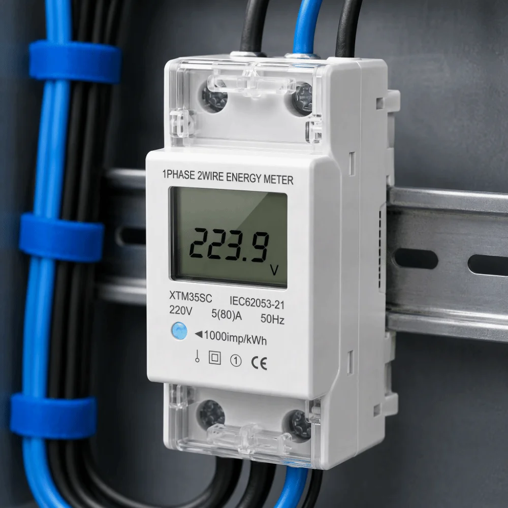 Digital Display Electric Meter Single Phase DIN Rail Mount KWh Meter LCD Screen 2 Wire 2P Power Consumption Monitor Home Use