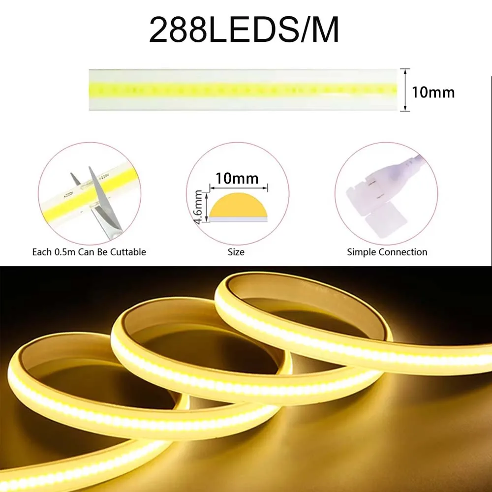 زيجبي 3.0 220 فولت COB LED قطاع ضوء RA90 السوبر مشرق 288 المصابيح/م مرنة مصابيح خارجية إضاءة مقاومة للماء الشريط تويا APP ل اليكسا