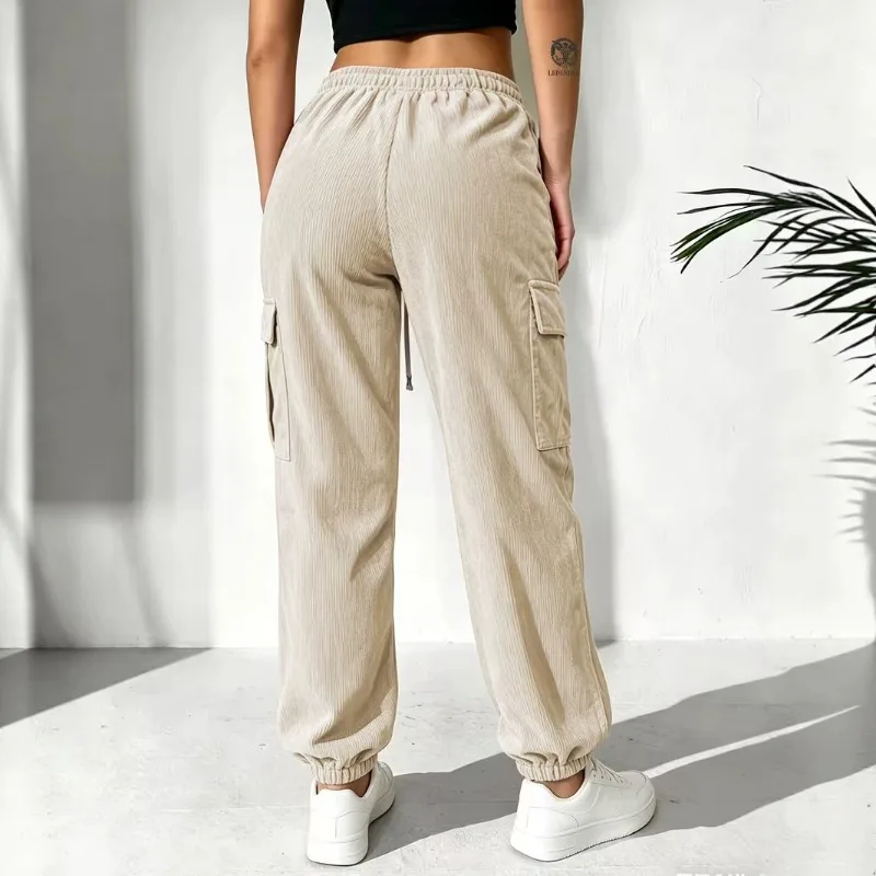 Women Corduroy Cargo Jogger Pants Mid Waist Drawstring Multi Pockets Loose Cuffed Trousers Autumn Winter Casual Streetwear
