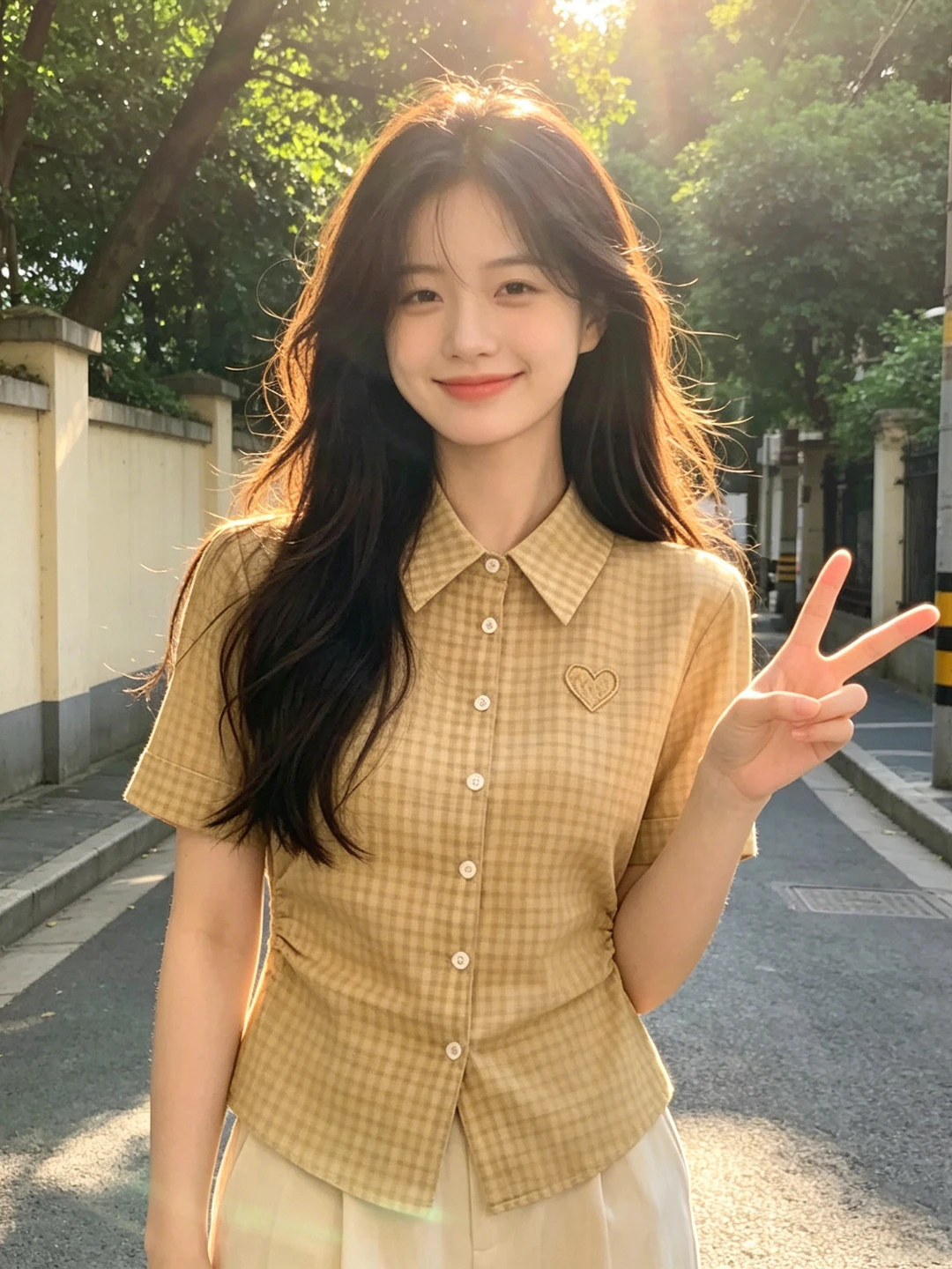 

Retro American Embroidered Plaid Short Sleeve Shirt Women Summer Small Size Short Folded Waist Slimming Shirt Citywalk C...