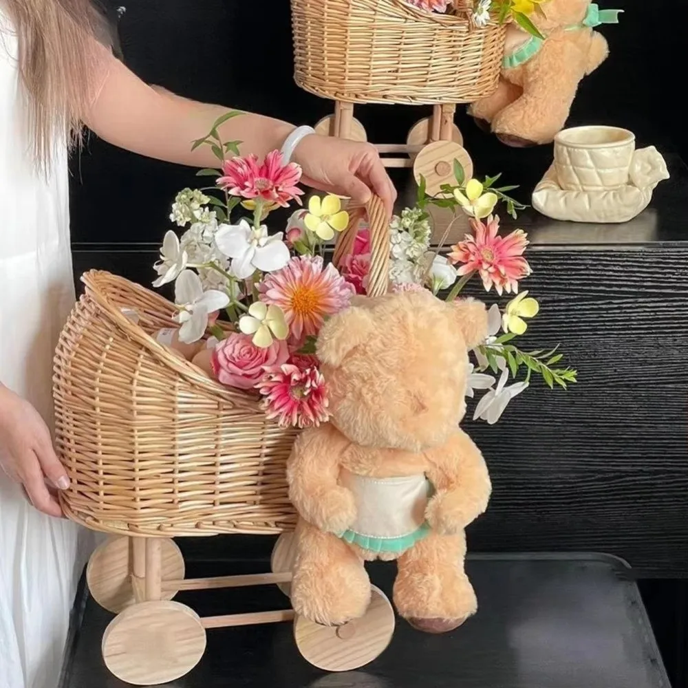 Woven Flower Basket Stroller Shaped Large Candy Basket Floral Arrangements Floral Rustic Baby Carriage Planter Home Decor