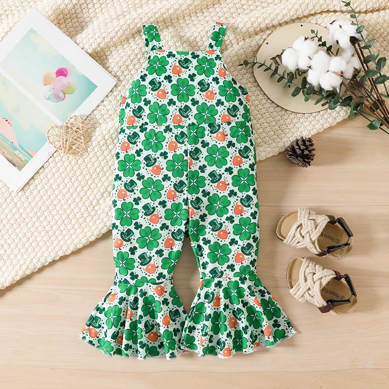 St Patrick s Day Toddler Girls Green Clover Print Ruffle Sleeve Romper Lucky Charm Flare Pants Jumpsuit for Irish Festival