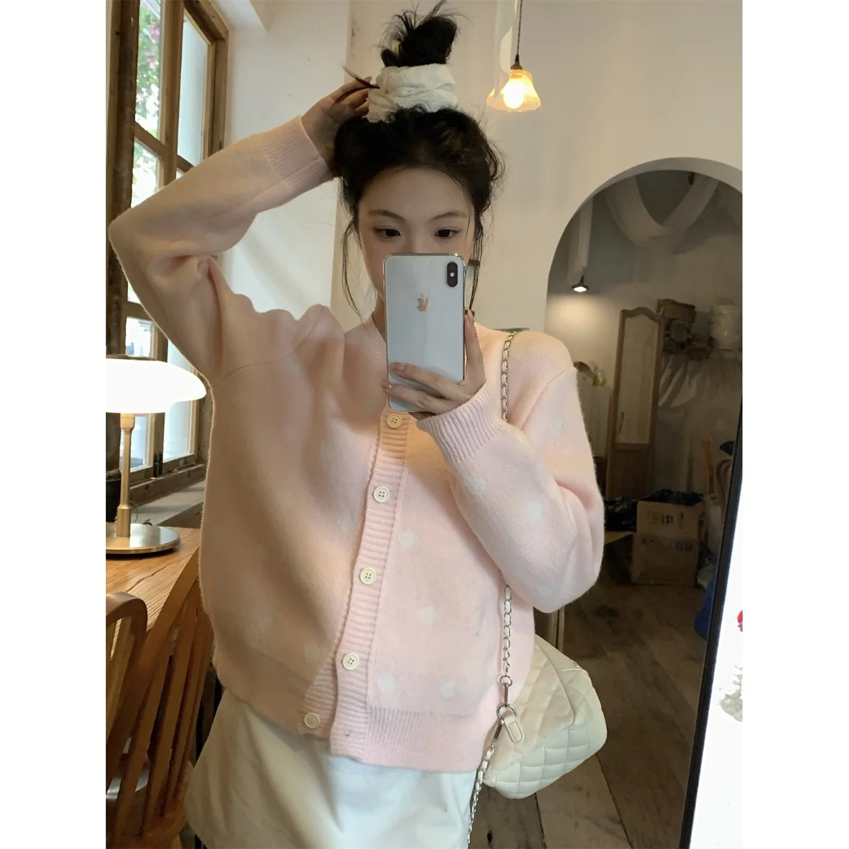 

Ladies' Lazy Pink Polka Dot Knitwear Cardigan Sweater Slimming Trendy Top Warm round Neck Single Button Autumn Winter Fashion
