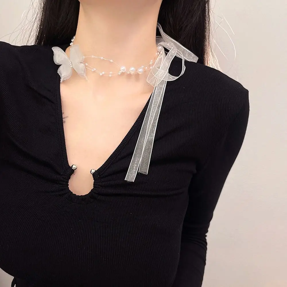 Elegant Gauze Temperament Imitation Pearl Fashion Jewelry Korean Style Necklace Girl Ribbon Choker Women Butterfly Necklace