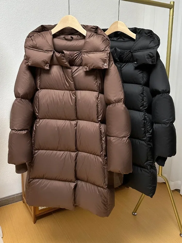 2024 New Winter Hoodie White Duck Down Coat Women Thickened Warm Fluffy Solid Color Oversized Long Puffer Bread Jacket