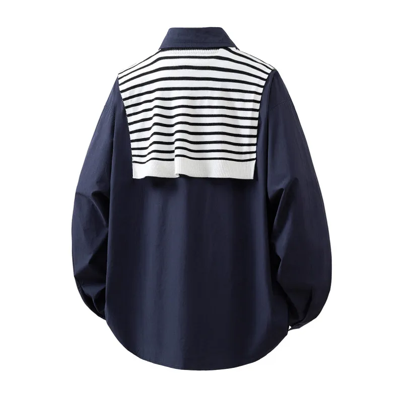 

Unisex Long Sleeve Stripe Shawl Collar Shirt Detachable Casual Spring Fashion Korean Hong Kong Style Street Trend for Couples
