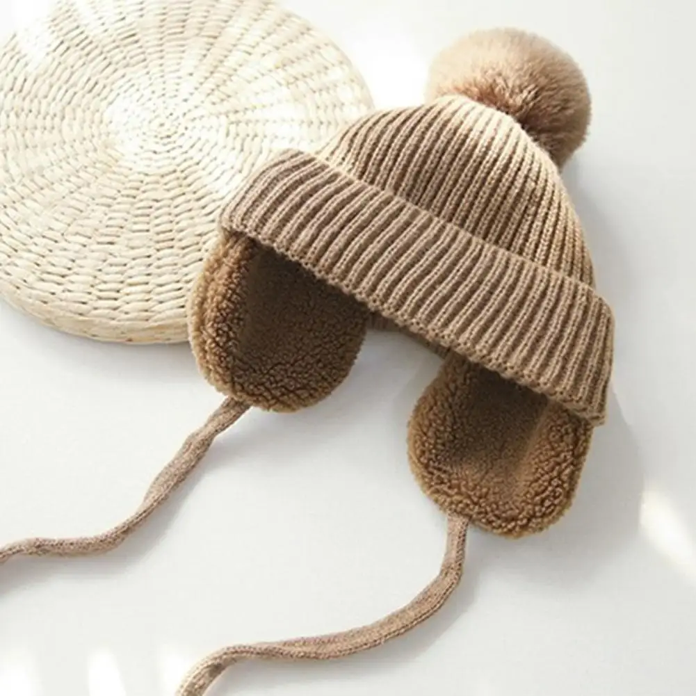 Soft Fleece Baby Hat Kids Wool Knit Hat Children's Thickened Wool Knit Hat with Pom-pom Extended Ear Flaps Winter Cap
