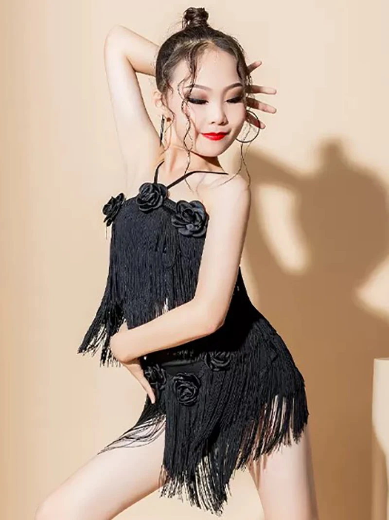 

Latin Dance Practice Clothing Kids Girls Tassels Strap Top and Skirts Rumba Dancewear Female Training Chacha Performance Costume