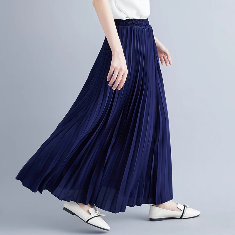 

High Waist Elastic Waist Pure Color Long plus Size Pleated Skirt Women's Faion Spring Summer Autumn Color Skirts