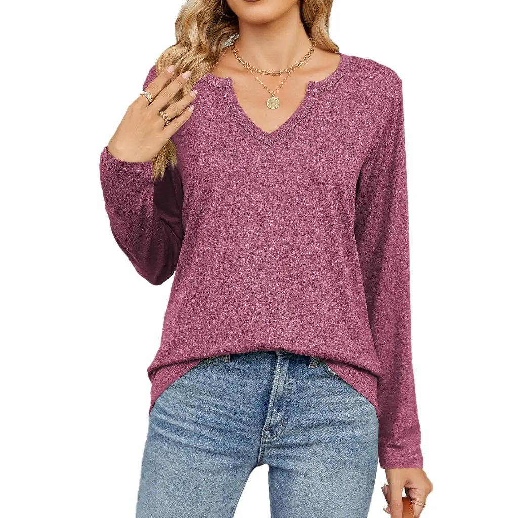 

Ladies V-neck Long Sleeve T-shirt Loose Fit Solid Color Jacket for Autumn Winter Fashionable Casual Top by Europe
