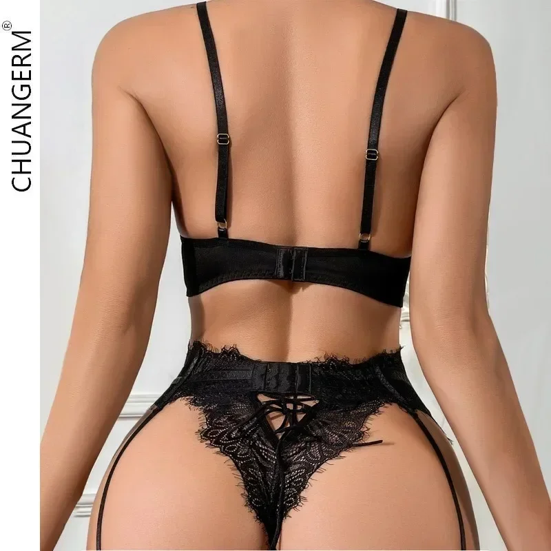 CHUANGERM Sexy Lingerie Black Lace Embroidery Hollowed Out with Sexy Underwear Gathering Four-piece Set Onlyfans Valentine\'s Day