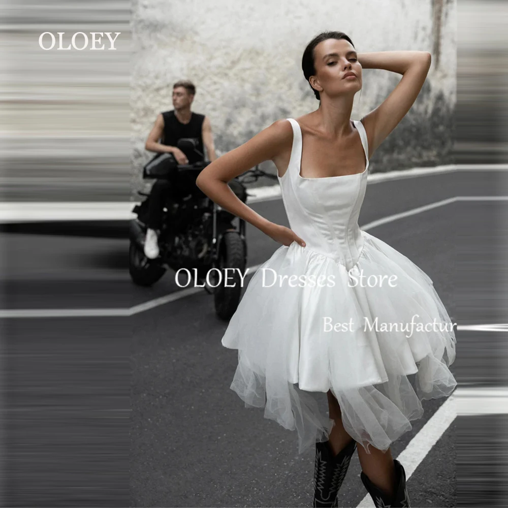 

OLOEY 2025 New Puffy Mini Wedding Dress Square Collar Sleeveless Short Bridal Gown Lace Up A Line Prom Cocktail Dress Custom