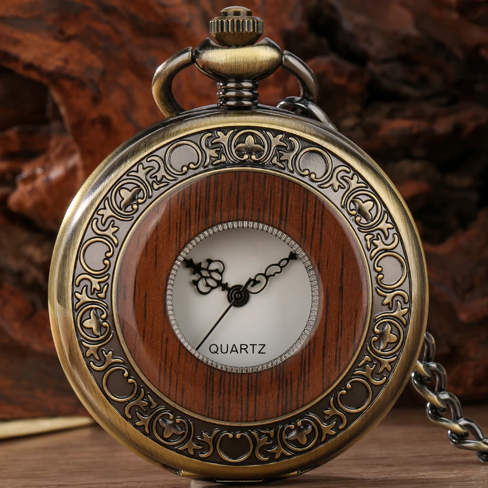 Antique Red Wood Decorated Half Hunter Bronze Quartz Pocket Watch Fob Chain Pendant Pocket Clock Vintage Timepiece Gift Male