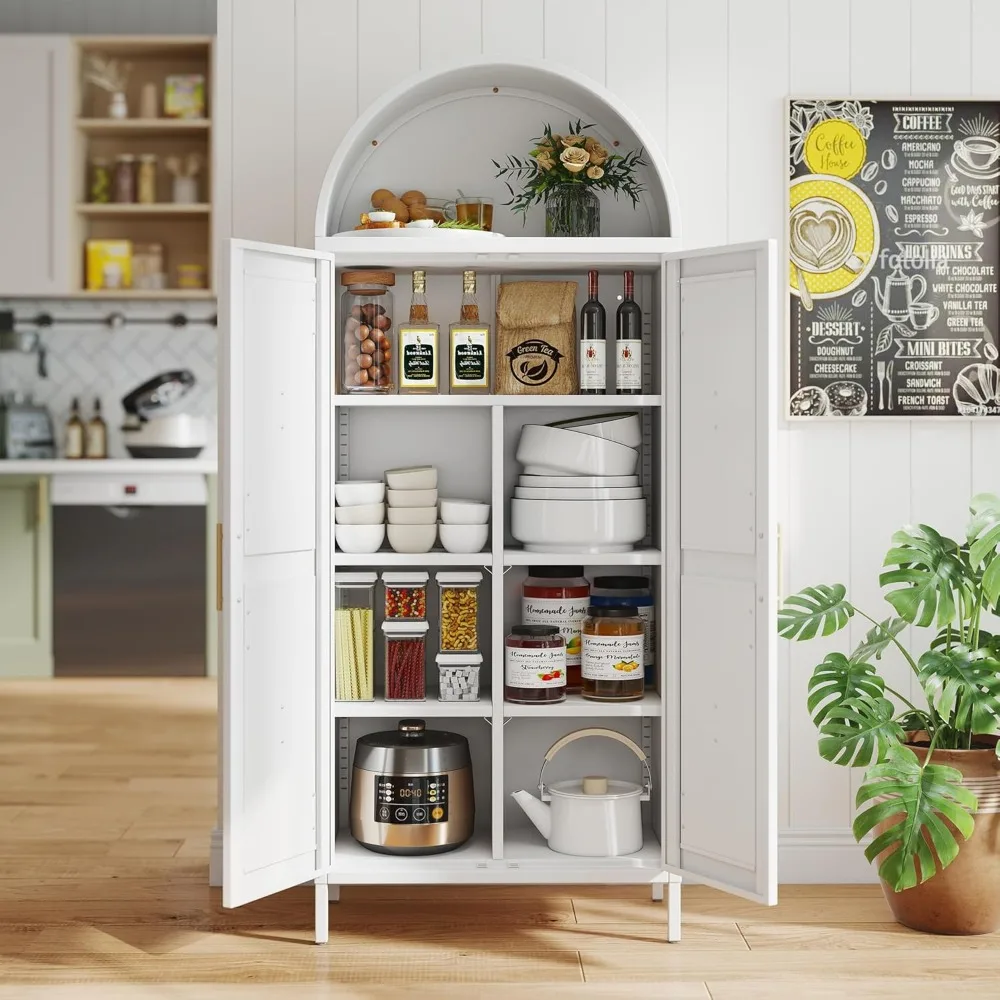

White Kitchen Pantry Cabinet, Arched Storage Cabinet with Doors and Adjustable Shelves, Tall Freestanding Cupboard for Laundry,