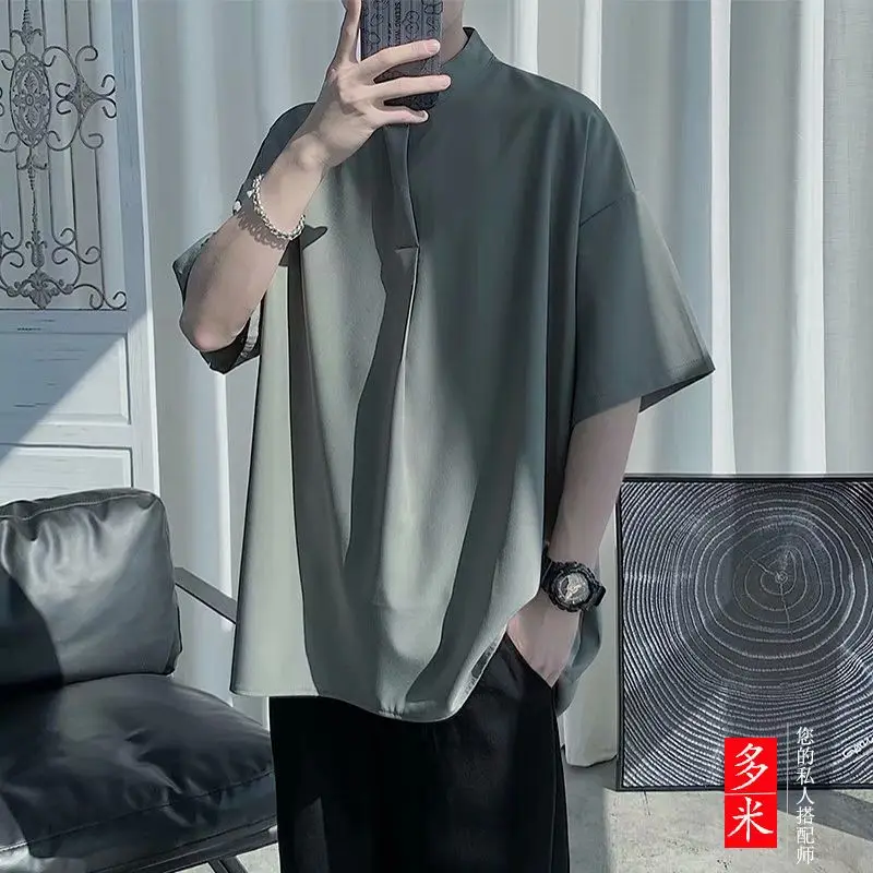 Men\'s Vintage Black Loose Blouse Summer New Short Sleeve Polo Neck Solid Color Ice Silk Shirt Tops Fashion Trend Men Clothing