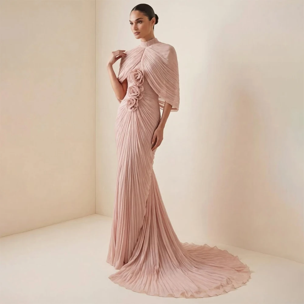 

Elegant Women Evening Dresses 2026 Fashion High Neck Cape Long Sleeve Chapel Train Chiffon Gowns Special Occasion Dress Vestidos