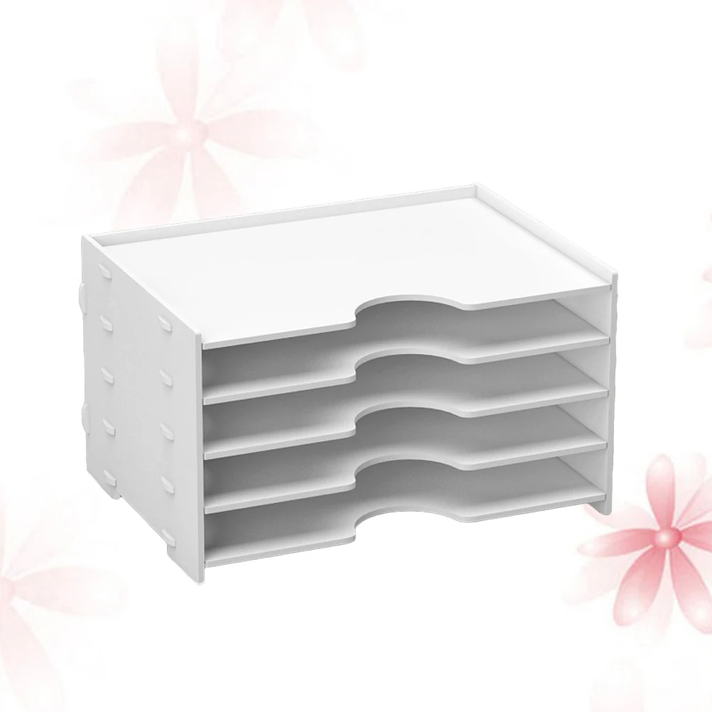 Organizer Penyimpanan Desktop 4 Lapis Rak File Kayu PVC Putih Rak Buku Ramah Lingkungan Rak Display Meja Solusi Rapi Penggunaan Kantor