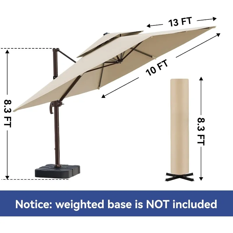 10x13FT Cantilever Outdoor Patio Umbrellas, Double Top Large Rectangle Umbrella, Heavy Duty 360° Rotation Offset