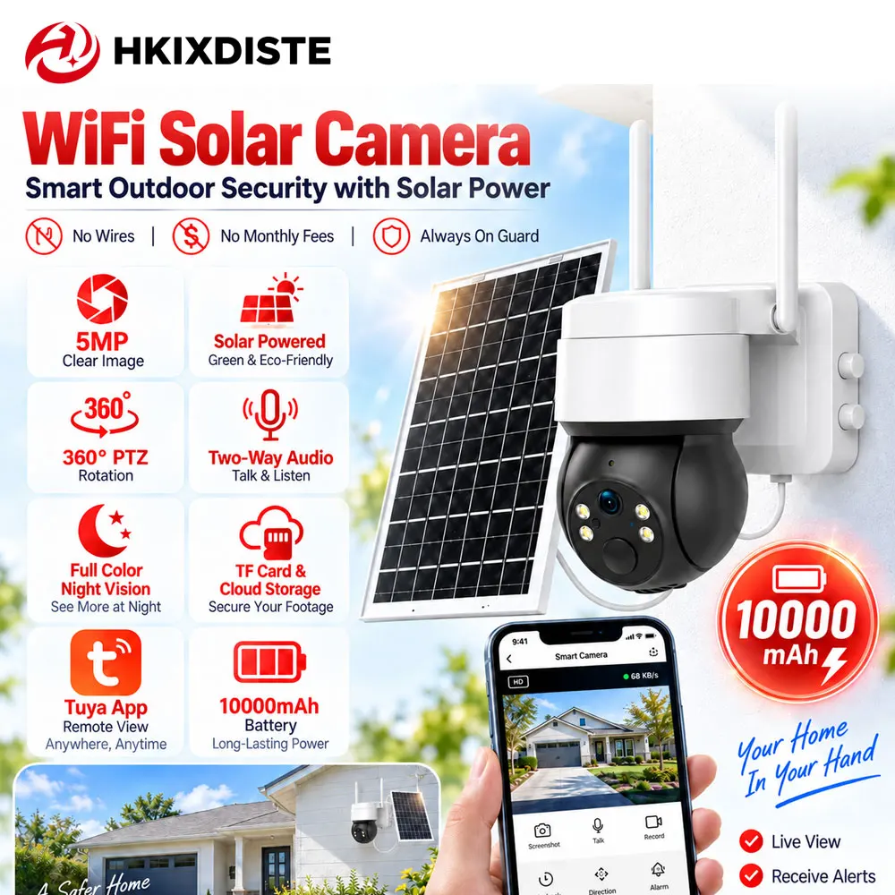 5MP WiFi Solar Camera 10000mAh Battery Outdoor Security Camera 360° PTZ Rotation Full Color Night Vision Tuya App Remote View