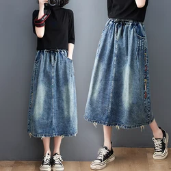 Vintage Embroidery Floral Denim Skirts Women Casual Loose Elastic High Waist A-Line Jeans Midi Skirt Lace-up Jupe Longue Femme