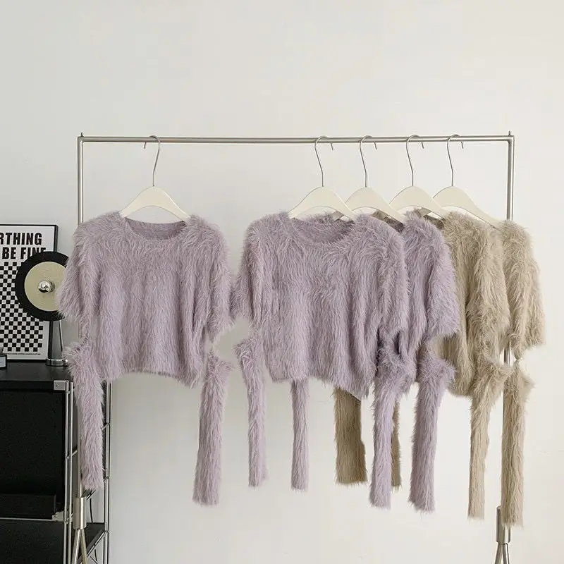 

Fluffy Oversized Sweater Autumn Winter Women's Clothing Y2k Streetwear Mink V-neck Soft Pullover Jumper Loose Long Sleeve Tops