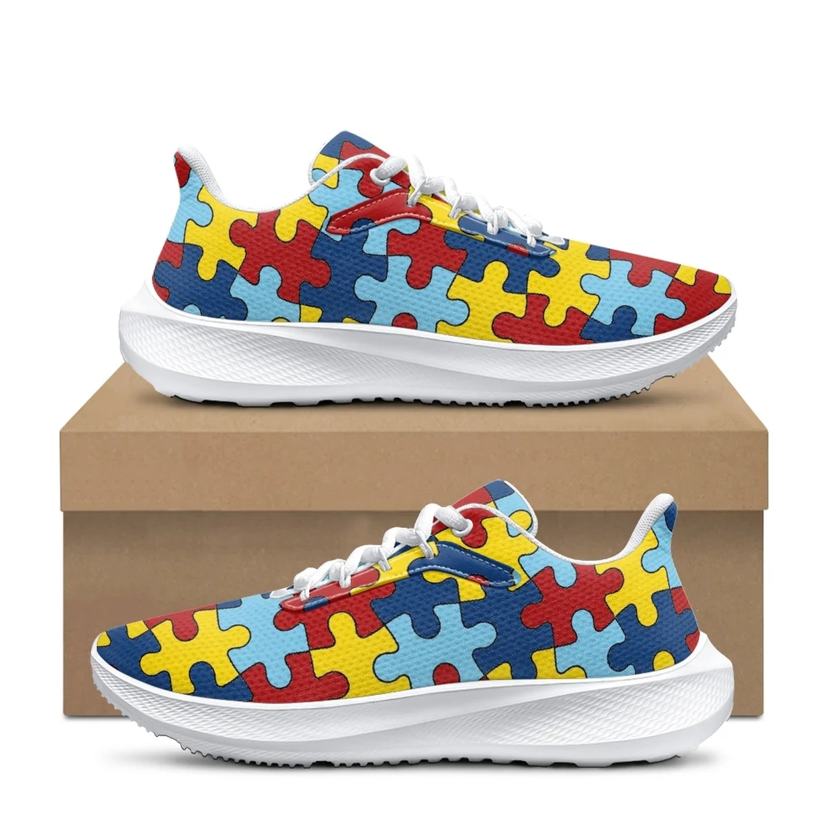 Autism Awareness Shoes Colorful Puzzle Print Teens Girls Boys Comfortable Lace Up Shoes Black Soft Soled Casual Sneakers Flats