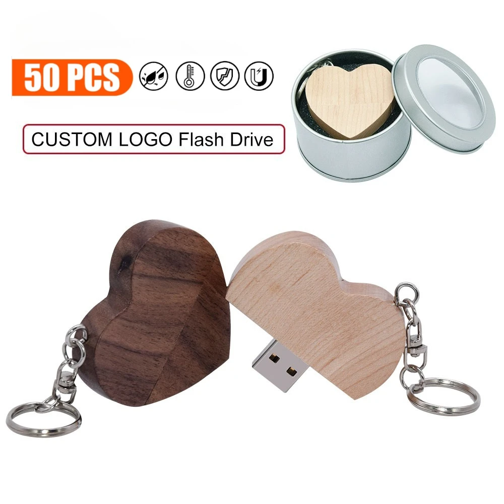 

50PCS Free Custom LOGO Maple Wood Heart USB 4GB Flash Drive Free Customized Logo Wooden Box Pen Drive Keychain Memory Stick