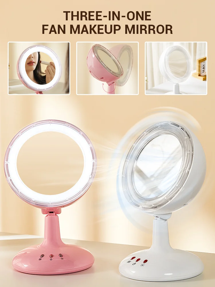 

USB Dual Purpose Mirror Cooler LED Makeup Mirror Portable Desk Makeup Mirror Makeup Light With Cooling Fan Lamp