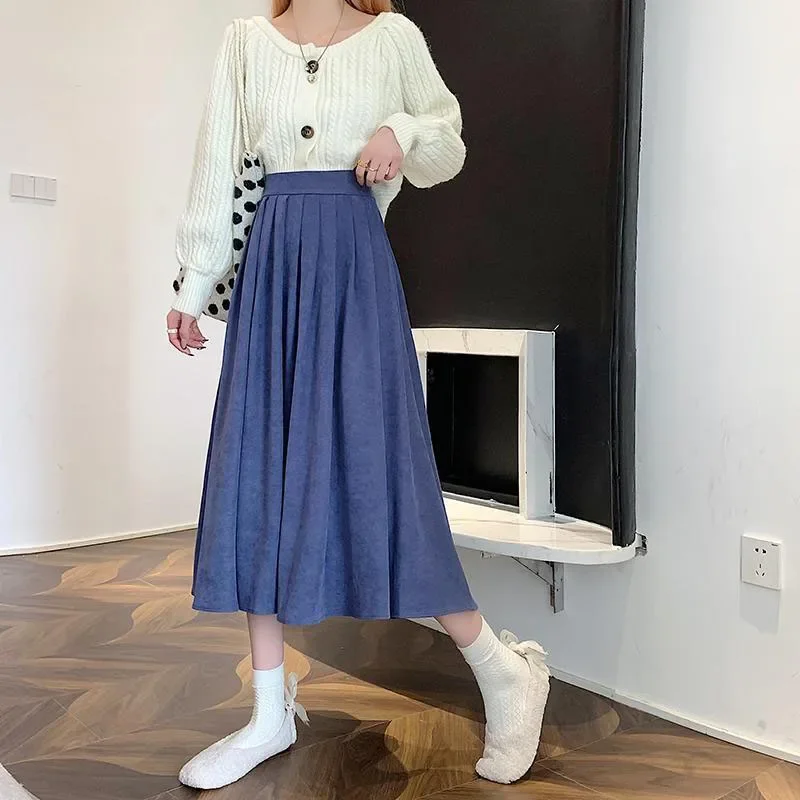 

2025 Autumn Korean Style Women's Midi Skirt High-Waisted Corduroy Long Skirt Women College Style Pleated A-Line Skirts