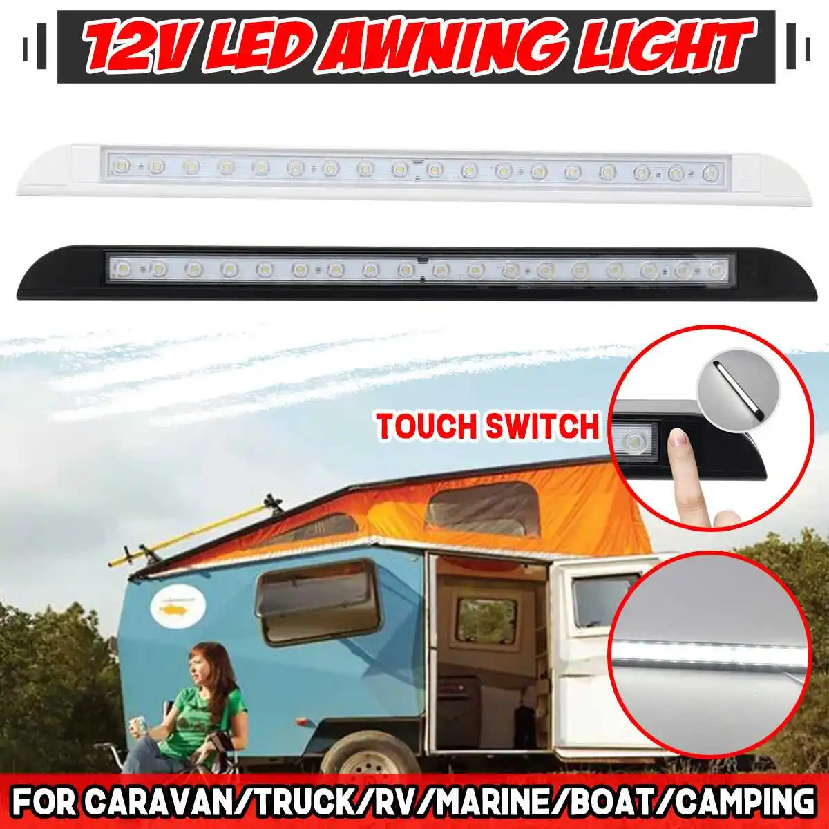 18 LED Touch Switch Camper Car Interior Lights Strip 9W 12V Awning Porch Light Tube For Caravan Truck RV Boat Interior Lamp