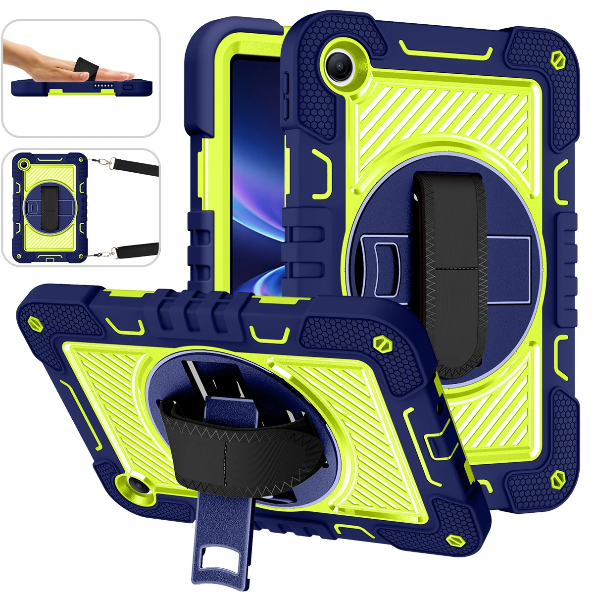 For Xiaomi Redmi Pad 2 SE / Pad 2 9.7 Case Silicone + PC Kickstand Tablet Cover with Shoulder Strap - Navy Blue + Green