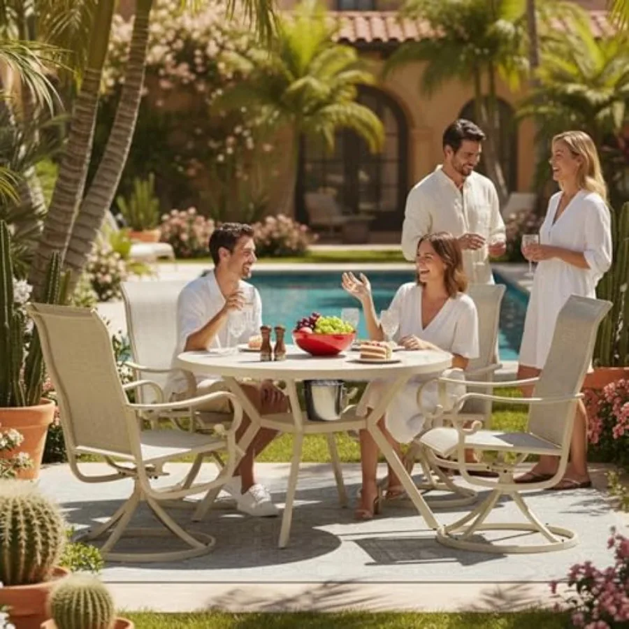 Outdoor patio dining table: all-weather metal round table with adjustable umbrella hole, ideal for lawn, garden, backyard use,