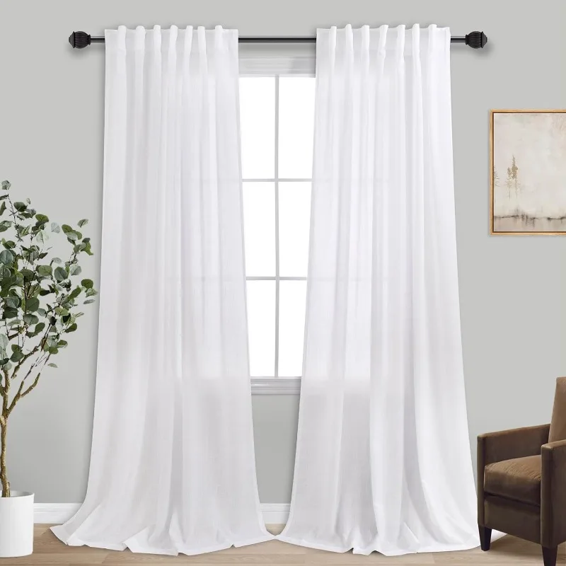 108 Inches Long Cream Beige Linen Curtains for Living Room Large Window Back Tab Rod Pocket 9FT Ivory Semi Sheer