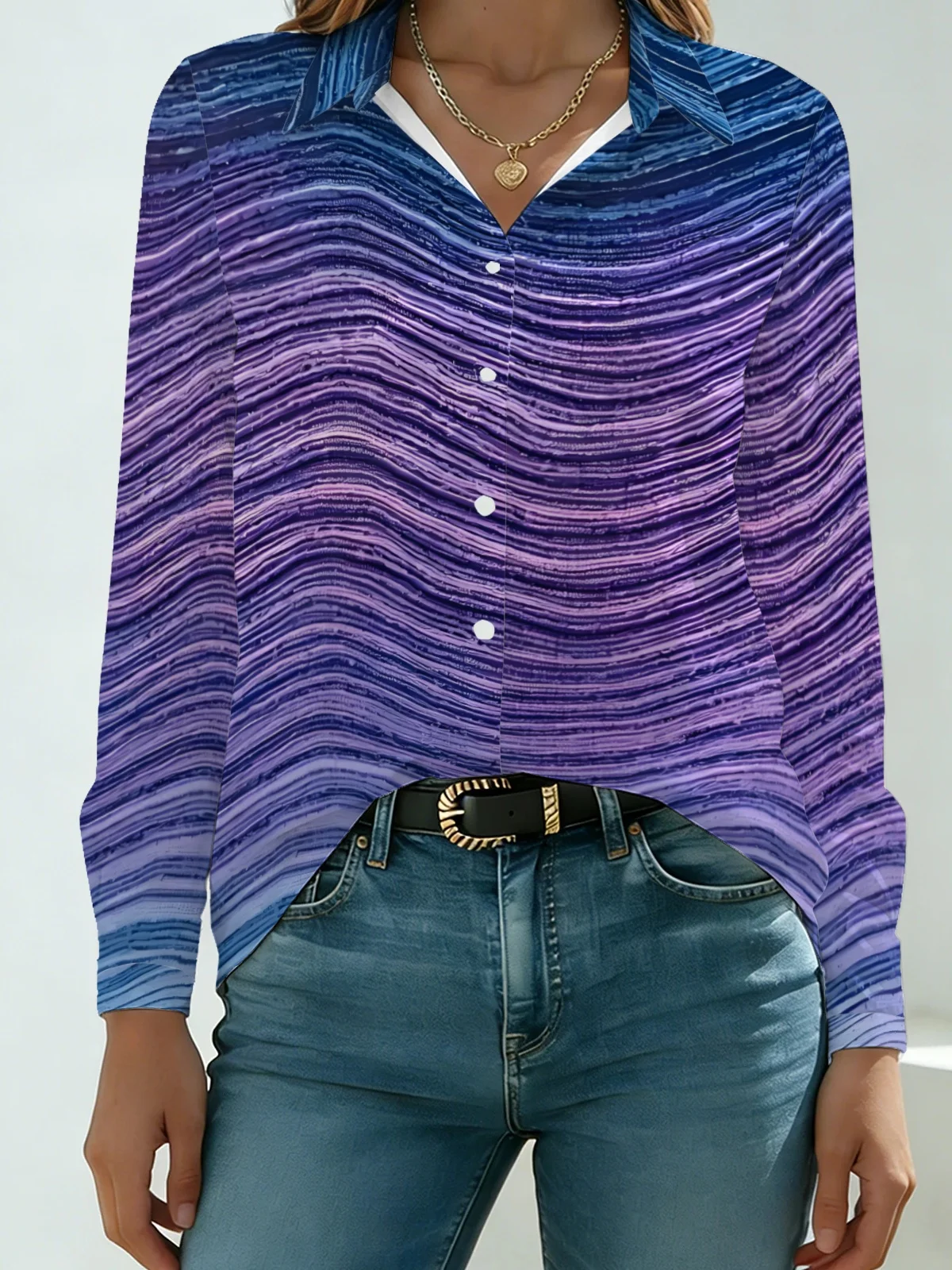 Minimal Abstract Art Marble Womens Collared Shirt Blue Purple Gradient Layered Thin Wavy Streak Allover Print Long Sleeve Night