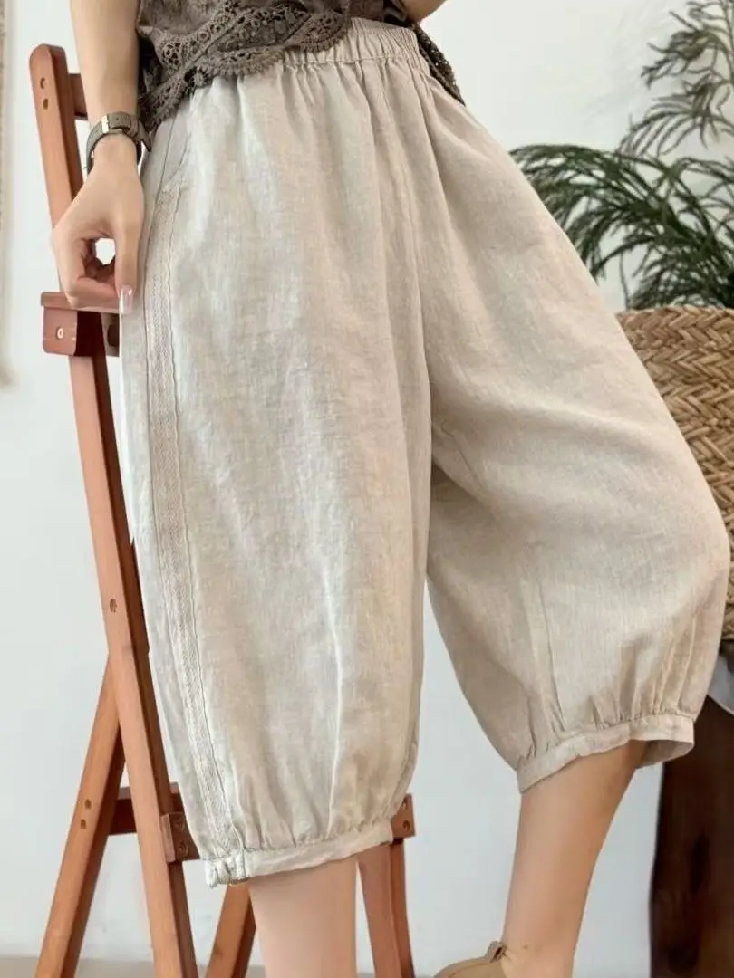 Summer Cotton Linen Loose Lantern Pants Women's Simple Versatile  Color Shorts plus Size Vintage Five-Point Harem Pants