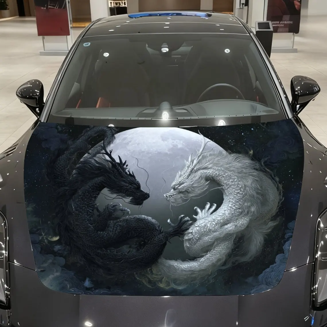 

Черная виниловая пленка с двумя драконами в соответствии с лунным автомобилем, водонепроницаемая наклейка на капот автомобиля из ПВХ, самоклеящаяся устойчивая к царапинам