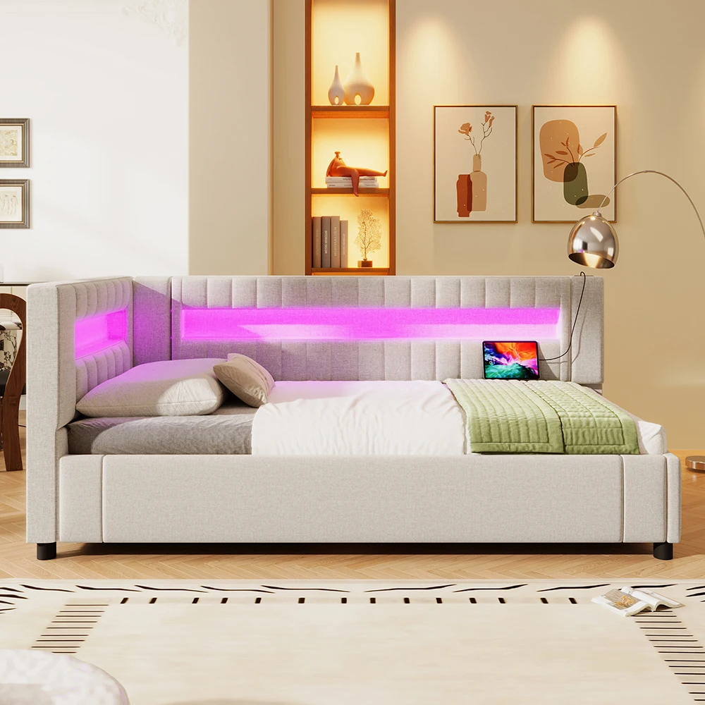 KOMHTOM Daybett Schlafsofa 90x200 cm mit LED-Lichtleiste, hydraulischer Lagerung, USB+TYPE-C Anschlüssen, Leinen, ohne Matratze