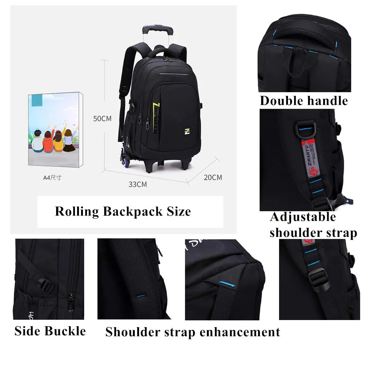 Elementary Trolley Backpack Senior High School Rolling Carry-on Luggage Book Bag with Wheels Bagpack for Teens Bolsa Masculina