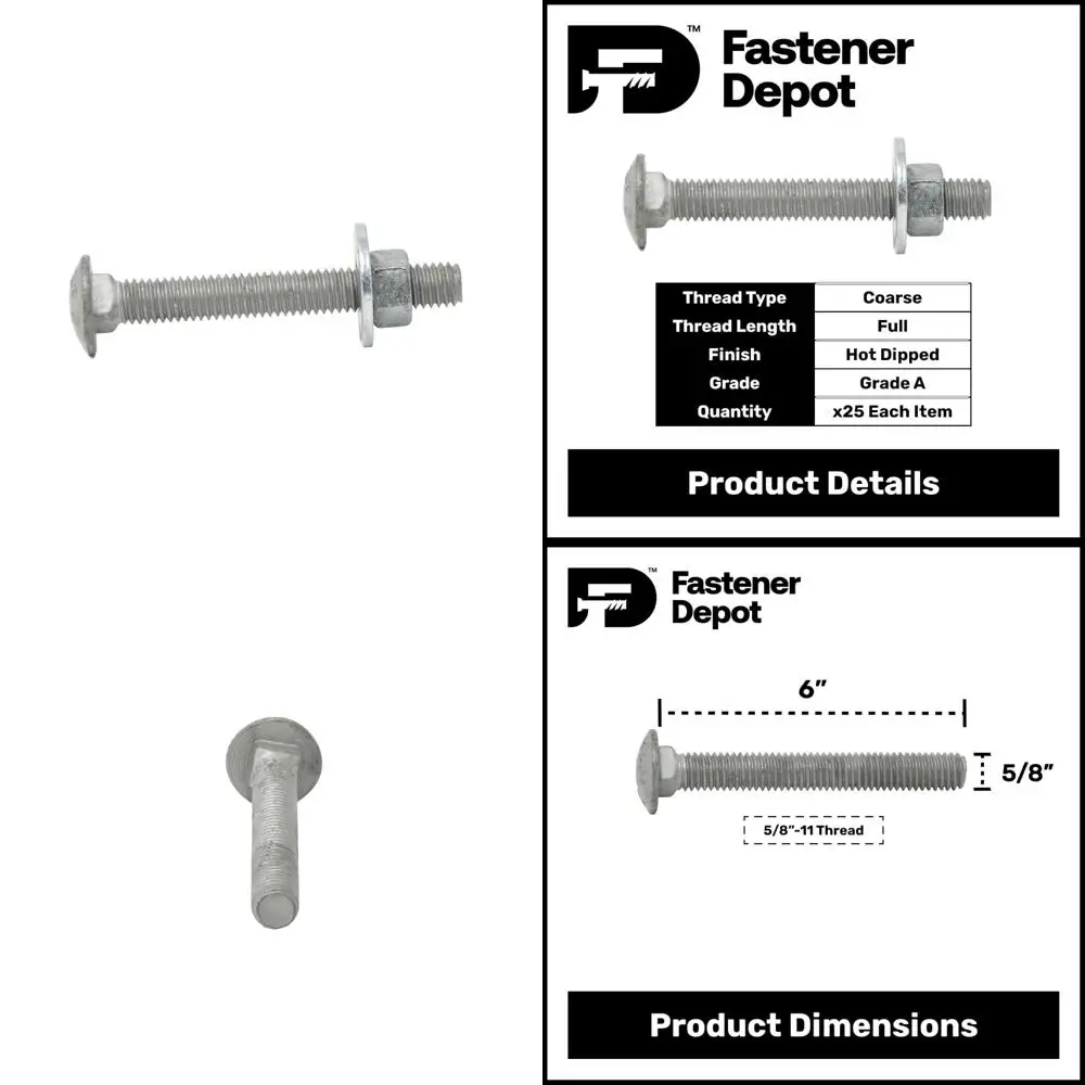 

Galvanized Carriage Bolt Kit 5/8-11 x 6 with 25 Pack USS Flat Washers and Hex Nuts, Grade 307A, Hot Dip Coated, Heavy Duty Faste