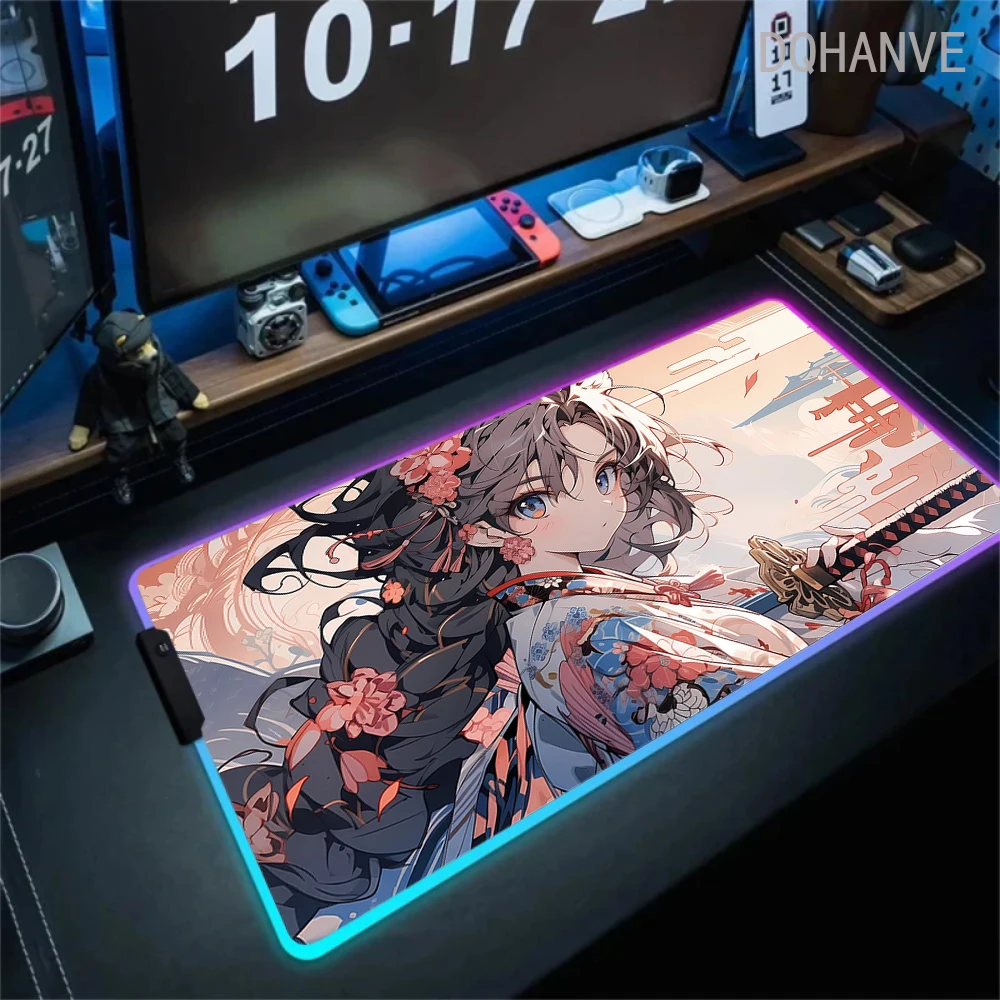 RGB Luminous Large Mousepad Anime Girl Mouse Pad HD Customized Table Mat Encrypted Anti Skid Super Large Colorful Desk Mat 90x40