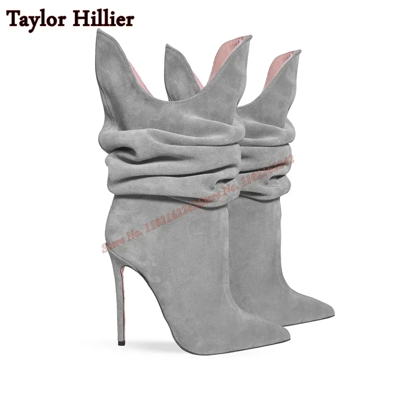 Suede Pleated V-Neck Short Boots Pointed Toe Stiletto Slip-On Autumn Fashion Boots Fashionable Casual Rose Red Short Boots  47