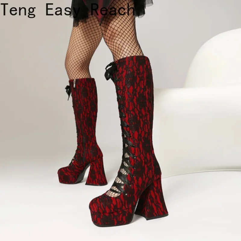 2025 Lace Cross Straps High Heel Knee High Boots for Women Lolita Style Autumn Chunky High Boots Party Shoes Ladies