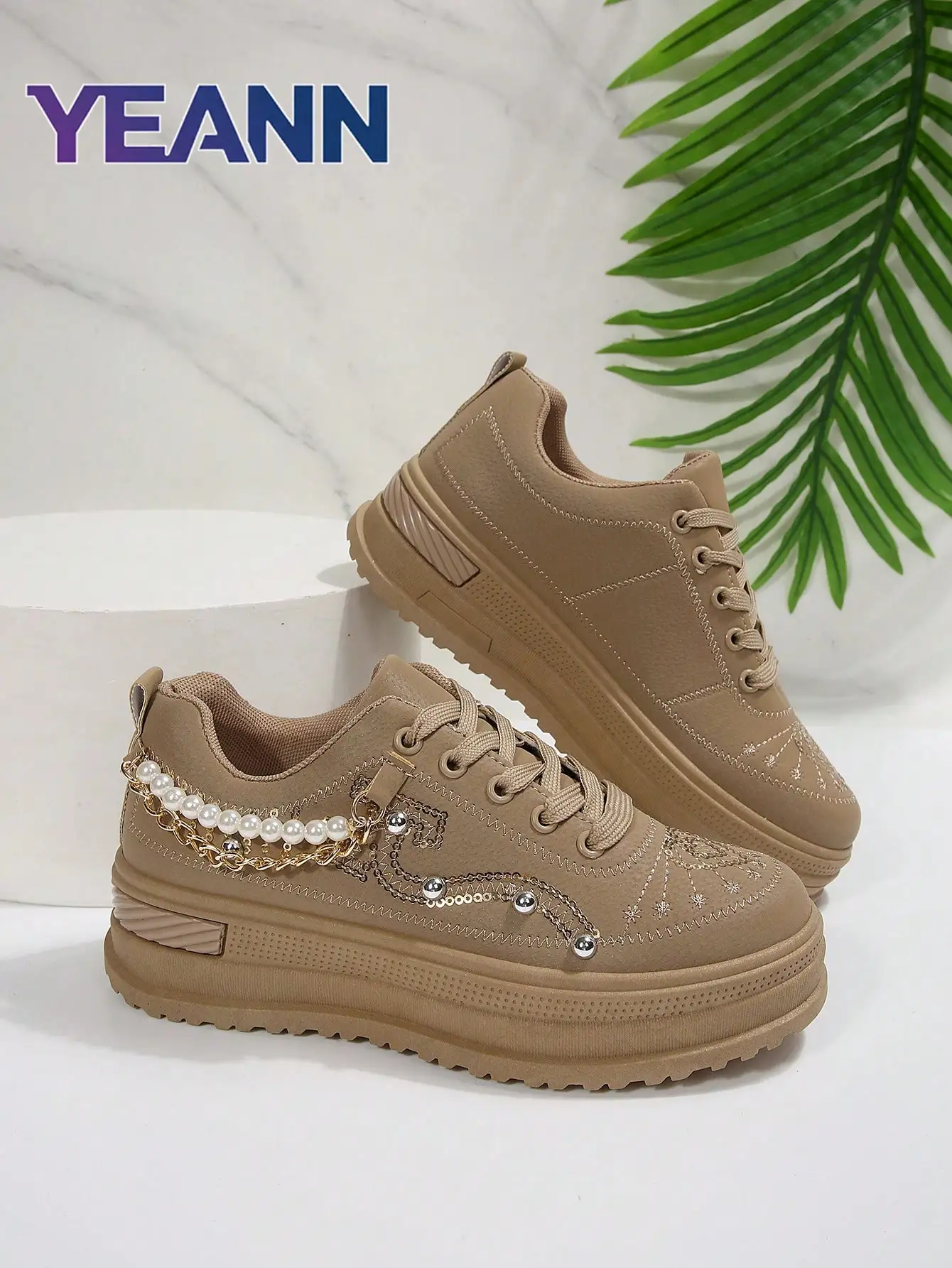 1 Pair New Women's Pink Thick Sole Round Toe Cute Comfortable Casual Sneakers, Embroidered Upper With Faux Pearl Chain Decoration, Sizes 36-41 Available (Runs Small By One Size)