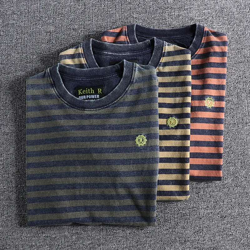 Letnia nowa japońska koszulka retro z krótkim rękawem w paski Moda męska 100% bawełna Slim Prosty okrągły dekolt Sprane stare topy casualowe