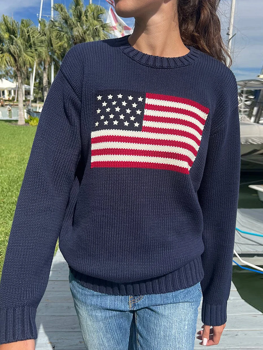 Women American Retro Sweater Long Sleeve Crew Neck Loose Fit Knit Pullover Tops Y2k Casual Loose Pullover Sweater