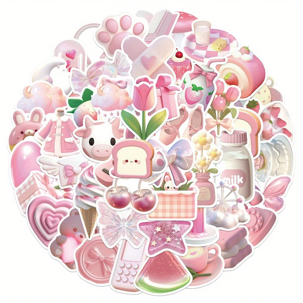 

50PCS 3D Pink Aesthetics Creative Graffiti Sticker Pack Decorative Suitcase Water Bottle Notebook Skateboard Self-adhesive