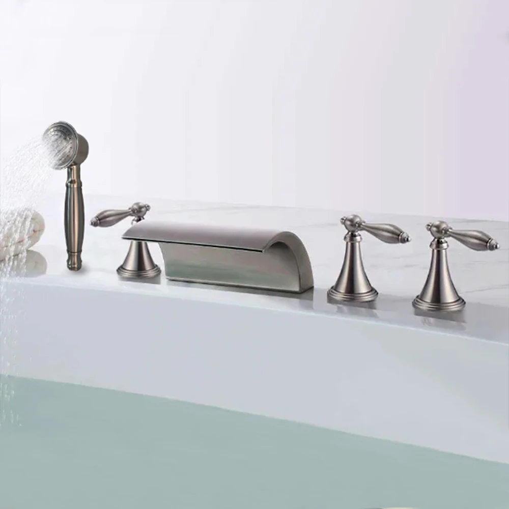 SKOWLL European Retro Bathtub Faucet Set - 4-Pc, Brushed Nickel & Polished, Waterfall Spout, Split Deck Mount, Hot & Cold