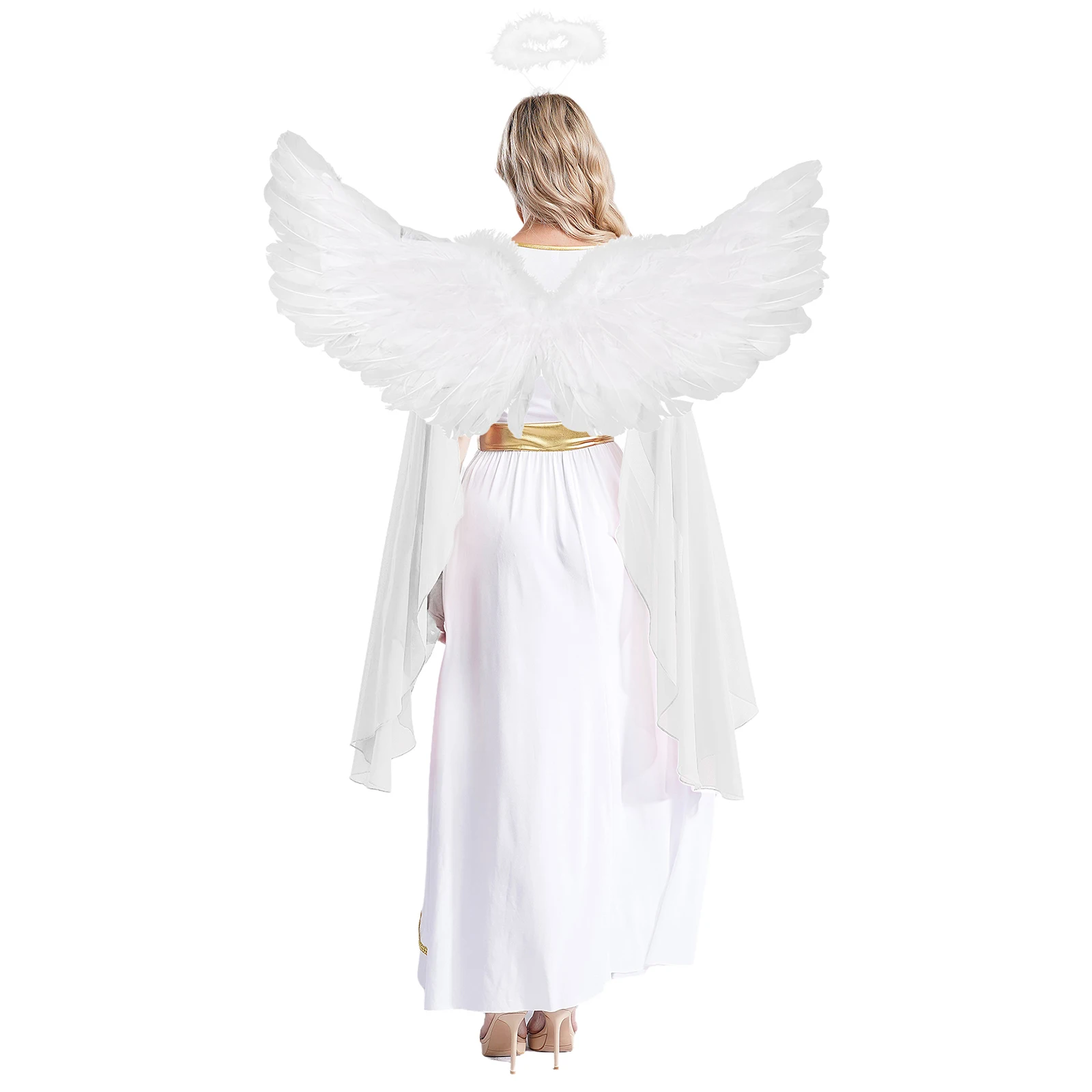 Women Anime Cosplay Angel Costumes Halloween Greek Princess Toga Dress with Feather Wings Set for Performance Dress Up Party