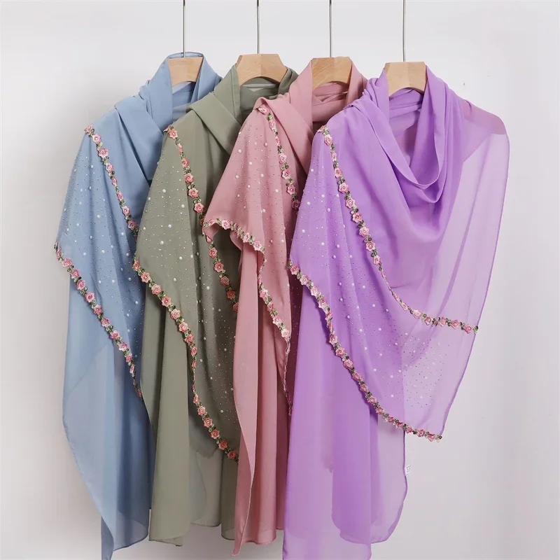 Hidżab z szyfonu z dżetami, w kropki, z motywem kwiatowym, z koralikami, szale, chusty, damska osłona przeciwsłoneczna, wiatroodporny chusta na głowę na zewnątrz.